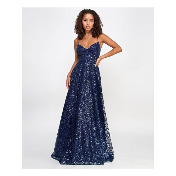 SAY YES TO THE PROM Dresses & Skirts - SAY YES TO THE Womens Navy Lined Lace-up Back Spaghetti Strap Dress Juniors 3\4